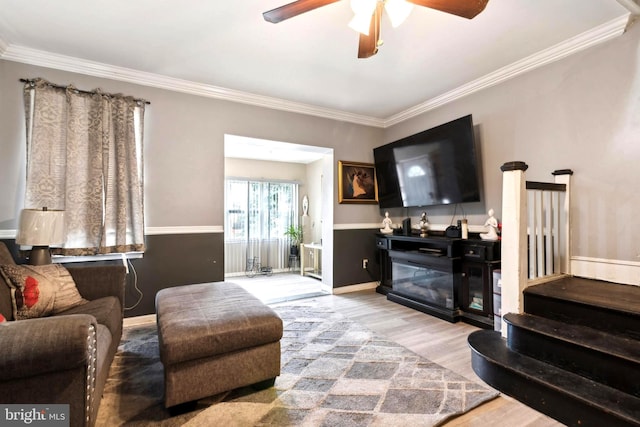 living room featuring ornamental molding, hardwood / wood-style flooring, and ceiling fan