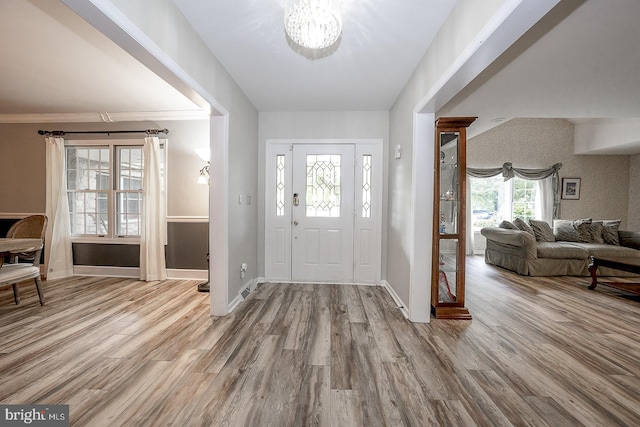 foyer with ornamental molding and wood-type flooring