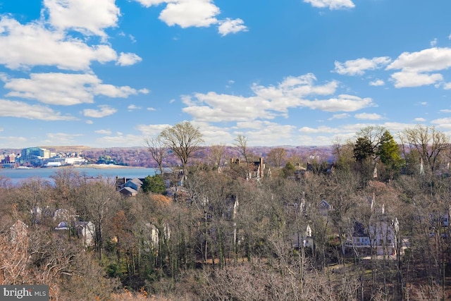 aerial view featuring a water view