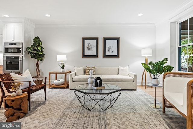 living room with crown molding and light hardwood / wood-style flooring