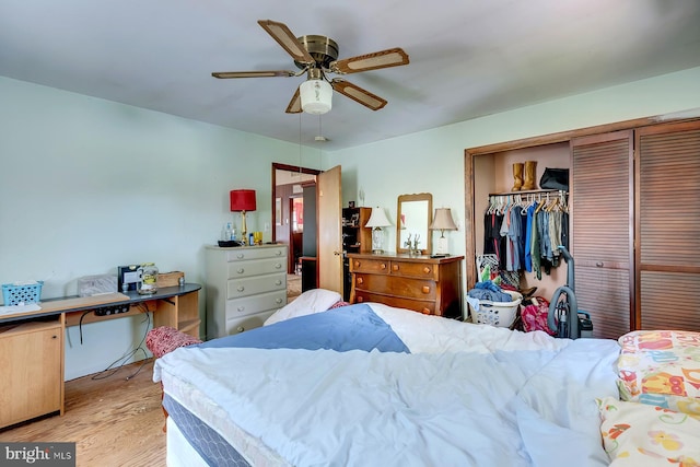 bedroom featuring light wood-type flooring, ceiling fan, and a closet