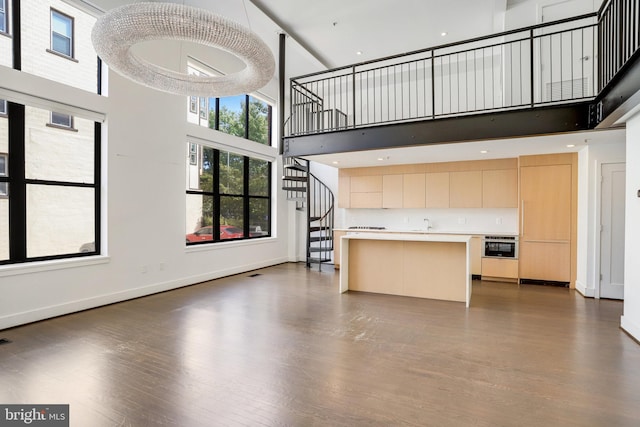 interior space featuring dark hardwood / wood-style flooring and a high ceiling