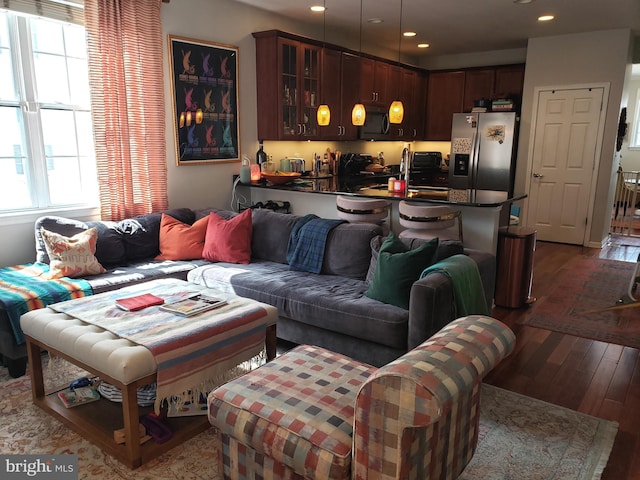 living room with dark hardwood / wood-style floors