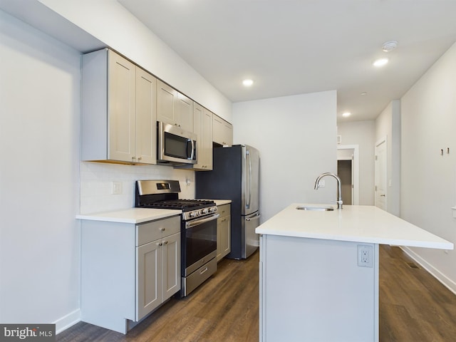 kitchen featuring sink, backsplash, gray cabinets, stainless steel appliances, and dark hardwood / wood-style flooring