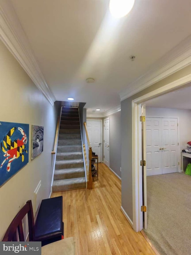 staircase with crown molding and wood-type flooring