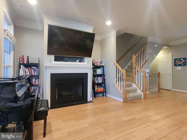 living room with light wood-type flooring and crown molding