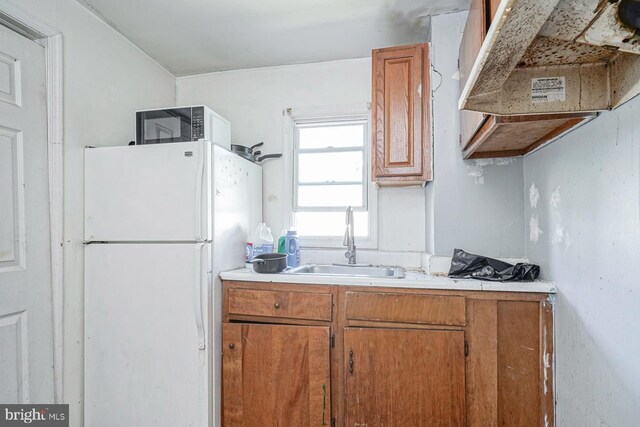 kitchen with exhaust hood, white fridge, and sink