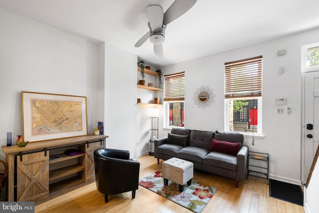 living room with ceiling fan and light wood-type flooring