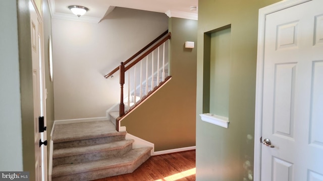 stairway with wood finished floors, baseboards, and ornamental molding