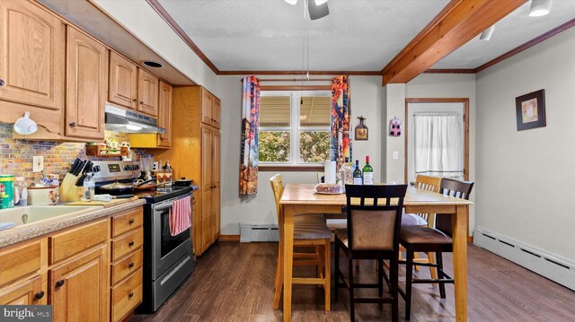 kitchen featuring a baseboard radiator, ceiling fan, dark hardwood / wood-style floors, and stainless steel electric range