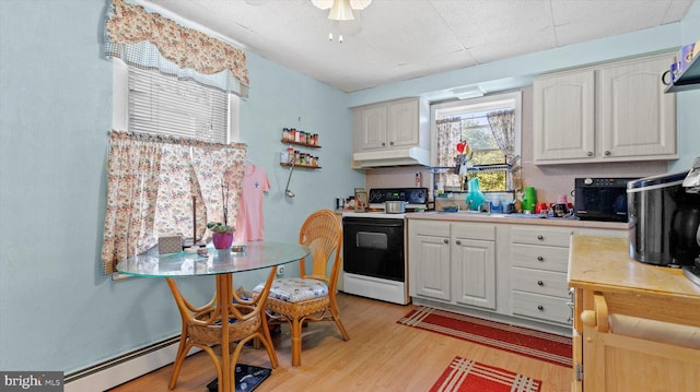 kitchen with baseboard heating, light hardwood / wood-style flooring, white range with electric stovetop, and white cabinets