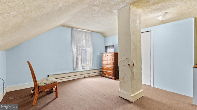 sitting room featuring carpet flooring, lofted ceiling, a baseboard radiator, and a textured ceiling