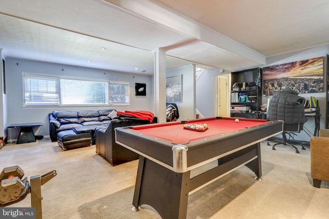 playroom with light carpet and pool table