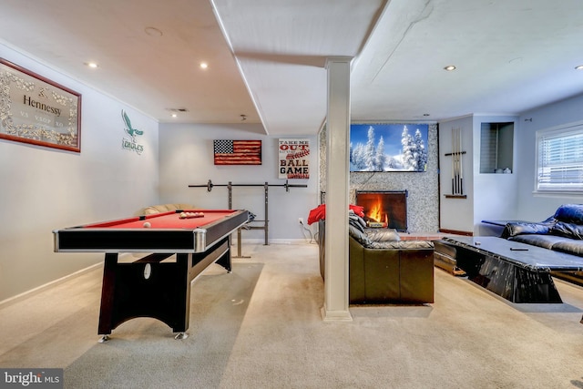 rec room featuring light colored carpet and pool table