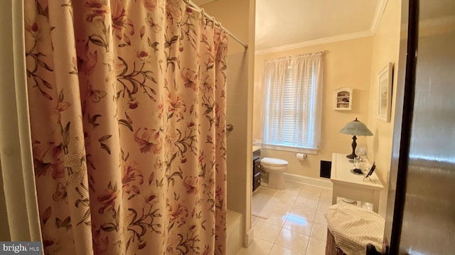 bathroom with vanity, tile patterned floors, a shower with curtain, toilet, and ornamental molding