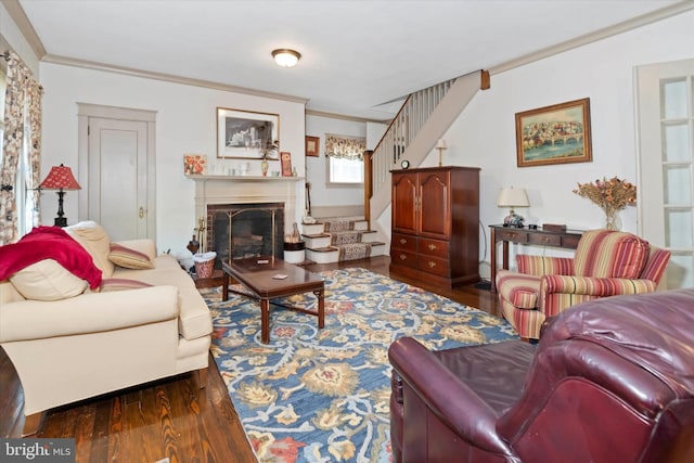 living room featuring ornamental molding and dark wood-type flooring