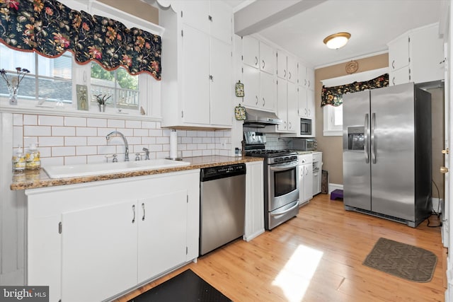 kitchen with white cabinetry, sink, light hardwood / wood-style flooring, and appliances with stainless steel finishes