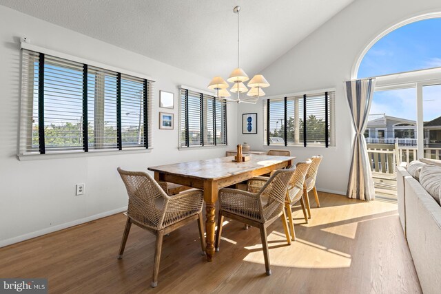 dining room with a notable chandelier, lofted ceiling, and hardwood / wood-style flooring