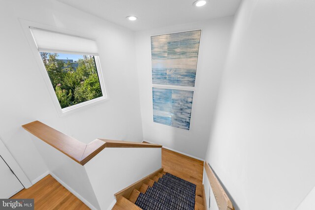 stairway with hardwood / wood-style flooring