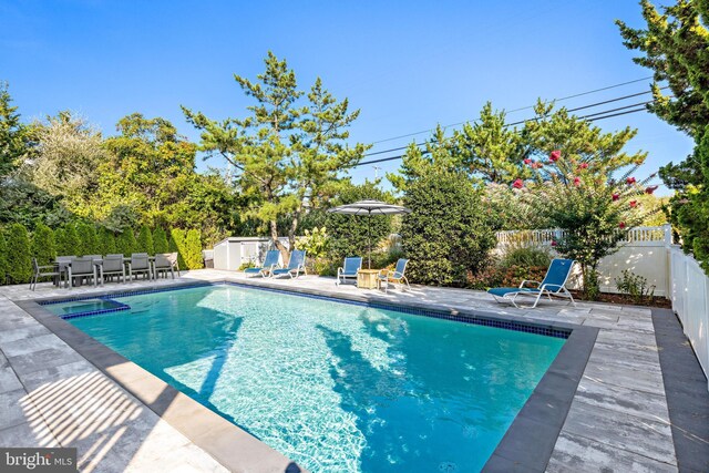 view of swimming pool featuring a patio area