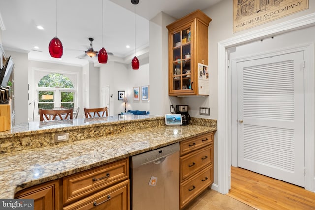 kitchen featuring ornamental molding, dishwasher, ceiling fan, hanging light fixtures, and light hardwood / wood-style floors