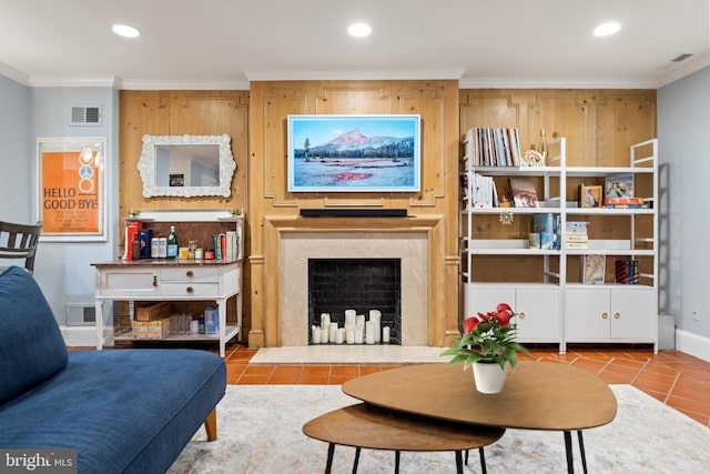 tiled living room featuring ornamental molding