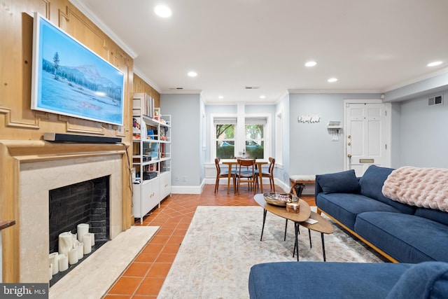 tiled living room featuring crown molding and a premium fireplace