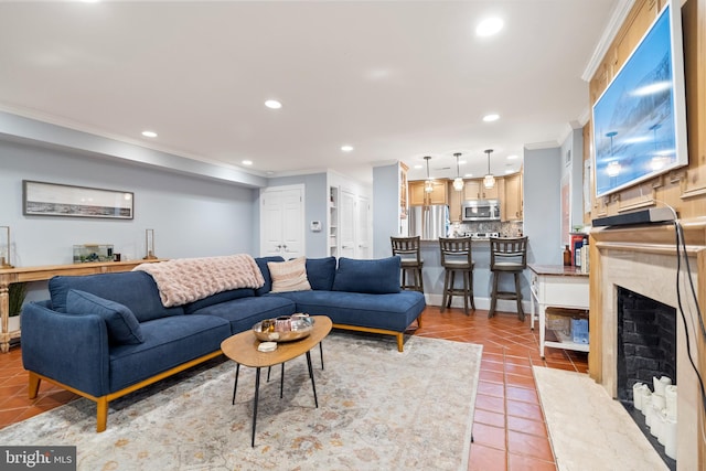 tiled living room featuring ornamental molding and a fireplace