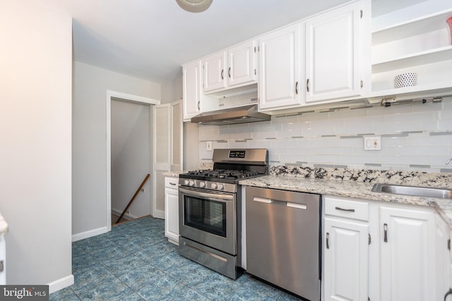 kitchen featuring light stone counters, tasteful backsplash, sink, white cabinets, and stainless steel appliances