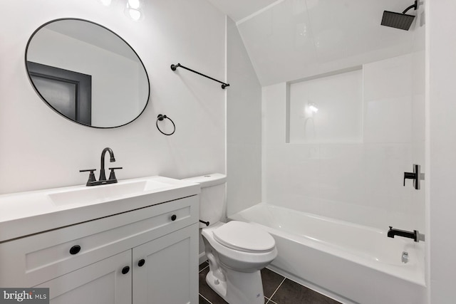 full bathroom with tile patterned floors, lofted ceiling,  shower combination, toilet, and vanity