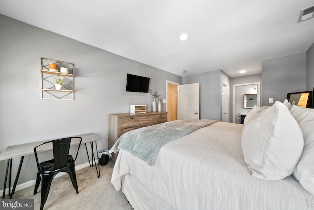 bedroom with baseboards, recessed lighting, visible vents, and light colored carpet