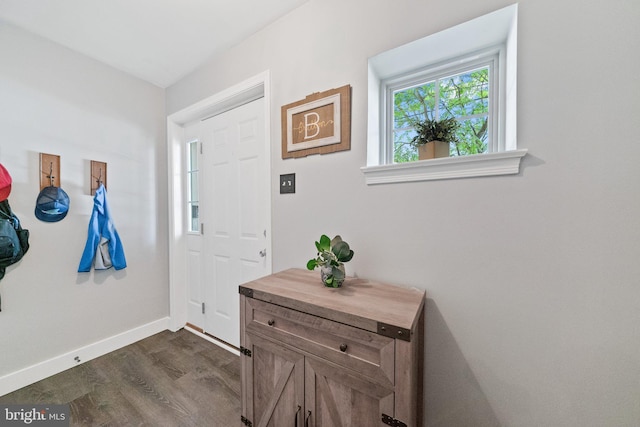 entryway featuring dark wood-style flooring and baseboards