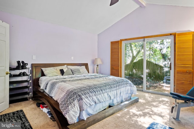 carpeted bedroom with high vaulted ceiling, ceiling fan, beam ceiling, and access to outside