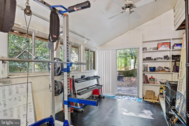 workout area with lofted ceiling and ceiling fan