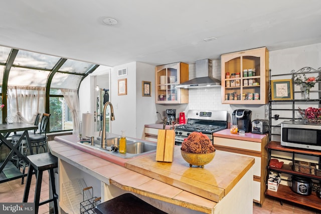 kitchen with wall chimney exhaust hood, appliances with stainless steel finishes, tasteful backsplash, tile counters, and sink