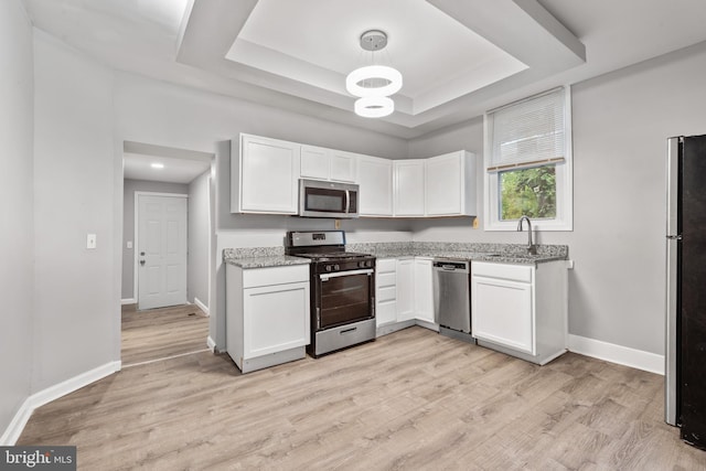 kitchen featuring stainless steel appliances, a tray ceiling, and white cabinetry