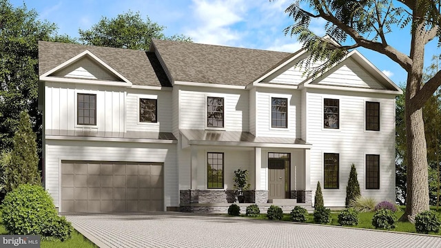 view of front facade with driveway, an attached garage, a porch, and board and batten siding