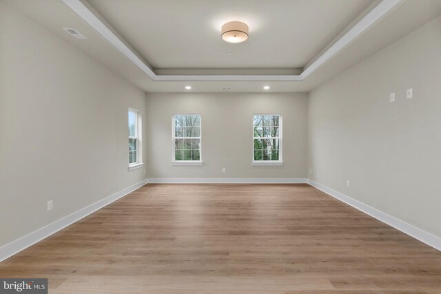 empty room with a raised ceiling and light hardwood / wood-style floors