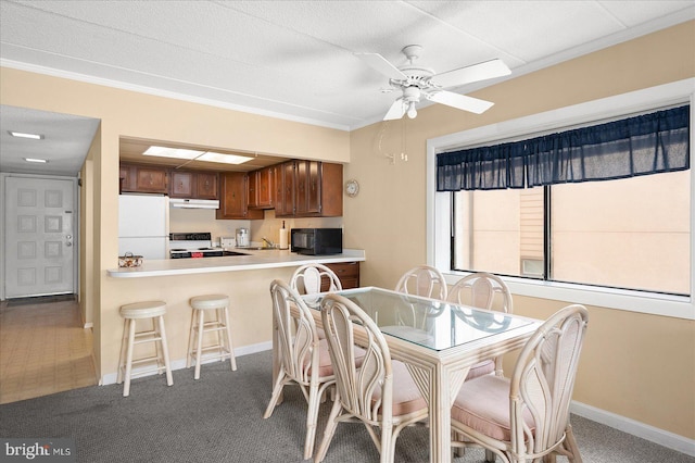 carpeted dining room with ceiling fan, crown molding, a textured ceiling, and baseboards