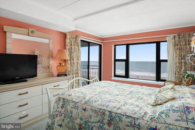 bedroom featuring access to exterior, multiple windows, and a water view