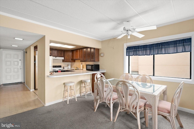 dining room featuring light colored carpet, a ceiling fan, baseboards, and a textured ceiling