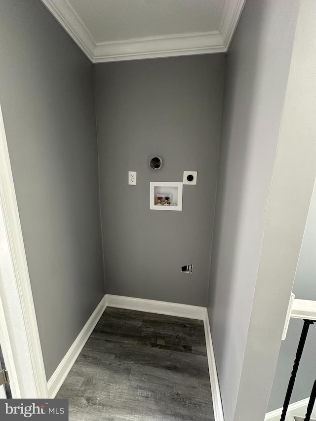 clothes washing area featuring crown molding, washer hookup, hookup for an electric dryer, and hardwood / wood-style flooring