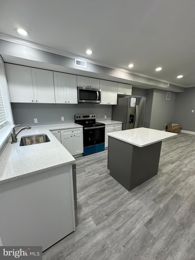 kitchen with light hardwood / wood-style flooring, light stone counters, sink, and appliances with stainless steel finishes