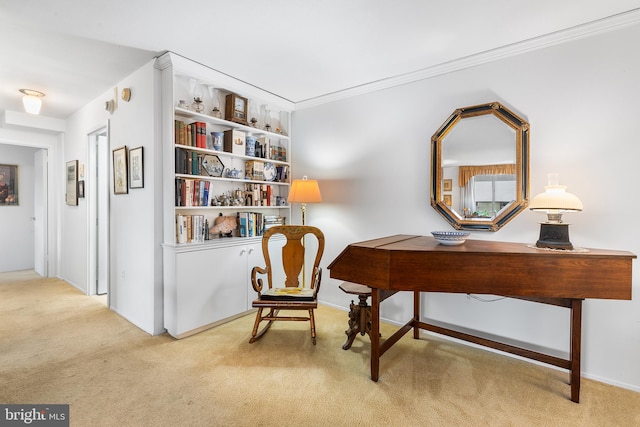 carpeted home office featuring crown molding