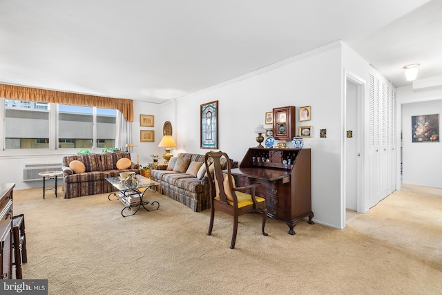 carpeted living room with ornamental molding and a wall mounted air conditioner