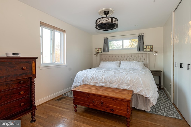 bedroom featuring multiple windows and hardwood / wood-style flooring