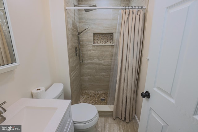 bathroom with toilet, a shower with curtain, and vanity