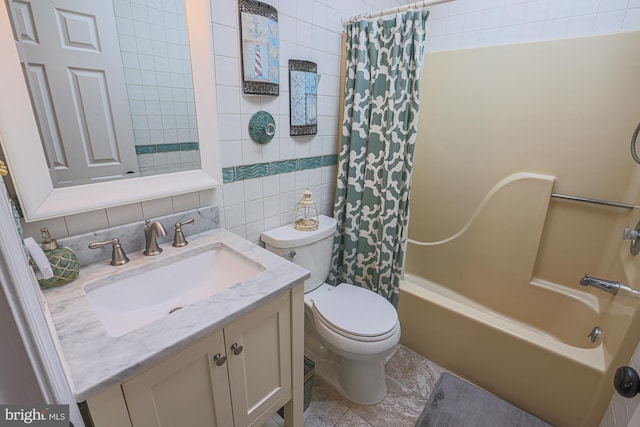 full bathroom with decorative backsplash, shower / bath combination with curtain, tile walls, toilet, and vanity