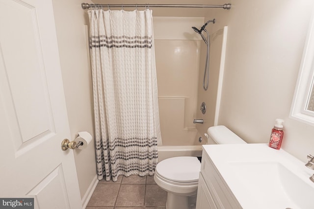 full bathroom featuring vanity, shower / bath combination with curtain, toilet, and tile patterned flooring