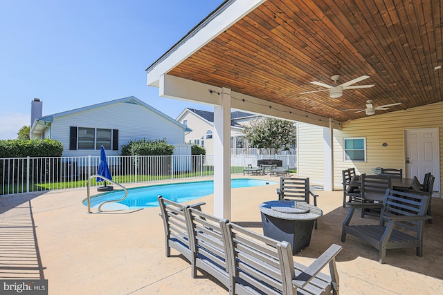 view of pool with a patio and ceiling fan